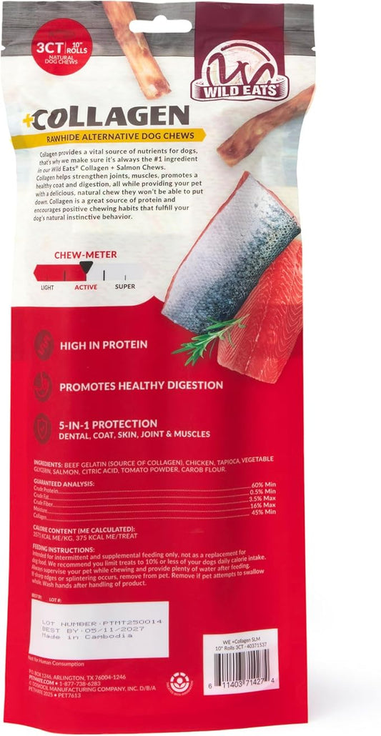 Wild Eats Salmon Flavor Collagen Retriever Style Cheek Roll 10" Dog Chews-3 Pack (Long Lasting Dog Chews Treats & Bones for Medium Dogs) Substitute for Pig Ears for Dogs