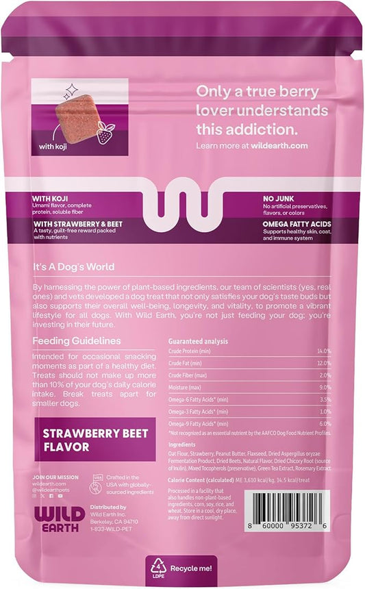 Wild Earth Superfood Dog Treats, Plant Based Dog Treats with Omega Acids, Prebiotics & Koji Protein, No Fillers, Veterinarian-Developed, Strawberry & Beet Flavor