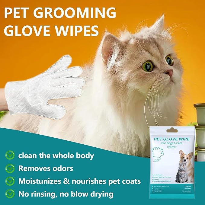 12PCS Pet Glove Bathing Wipes for Dogs Cats, Portable Thickened Safe Cleaning & Odor-Controlling Grooming Gloves, Nourish Fur Glove Wipes for Daily Care and Traveling, Rinse Free, Unscented. (2 Pack)