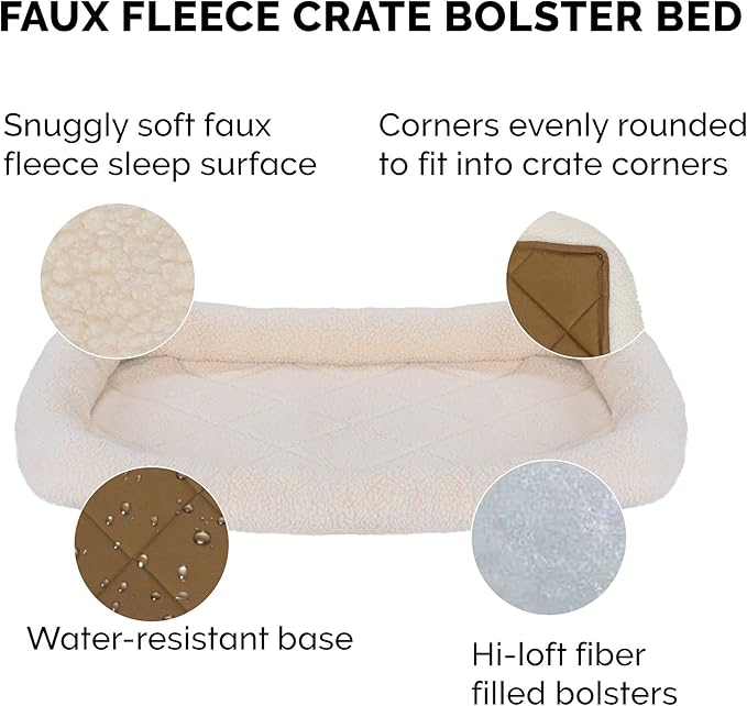 Furhaven Dog Bed for Large/Medium Dogs, 100% Washable, Sized to Fit Crates - Sherpa Fleece Bolster Crate Pad - Cream, Large