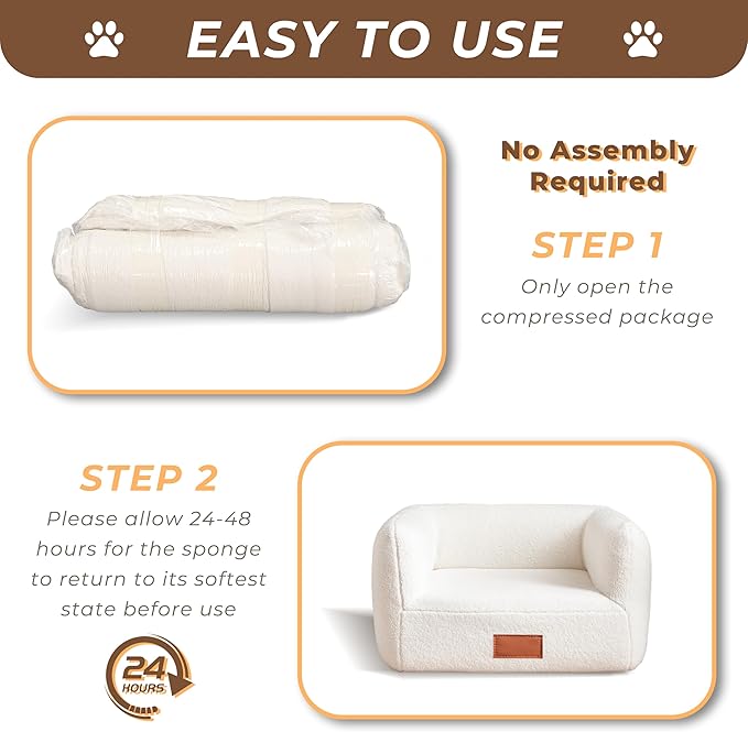 White Faux Shearling Dog Couch Bed for Small Dogs Cats Under 35 lbs, 25.6 Inch Modern Elevated Cat Sofa with Leather Nameplate, Indoor Furniture Style Cute Raised Pet Sofa Bed (Small)