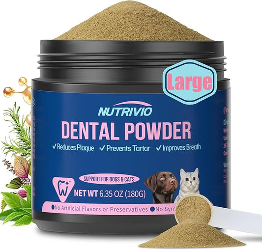 Cat Dog Dental Powder - Dog Teeth Cleaning Powder for Bad Breath Treatment, Plaque Off and Tartar Remover, Healthy Mouth for Dogs with Probiotics, Pet Dental Care - 6.35oz 180g