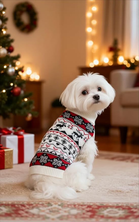 Lanyarco White Red Ugly Vintage Knit Reindeer Holiday Festive Christmas for Dogs X-Large (XL) Size Back Length 20"