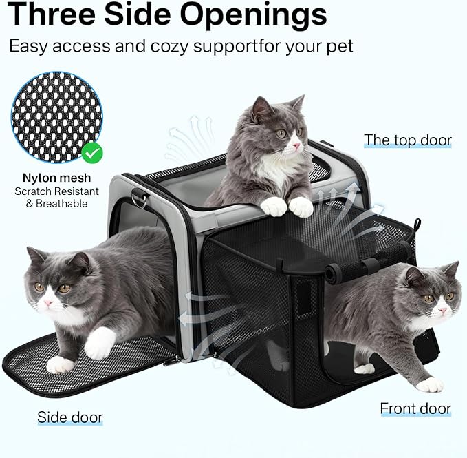 Expandable Cat Carrier, Airline Approved Soft Sided Pet Carrier for Cats & Small Dogs Up to 15 lbs, with Locking Safety Zippers & Cozy Fleece Pad, Portable for Car & Vet Visits, Black