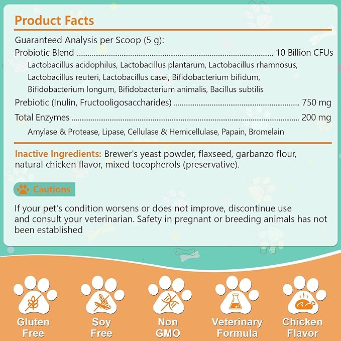Probiotic Powder for Dogs & Cats, 10 Billion CFU Dog Probiotic Powder, with Digestive Enzymes & PrebioticsP, for Digestive Health, Immune Support, Diarrhea, Gas & Loose Stool