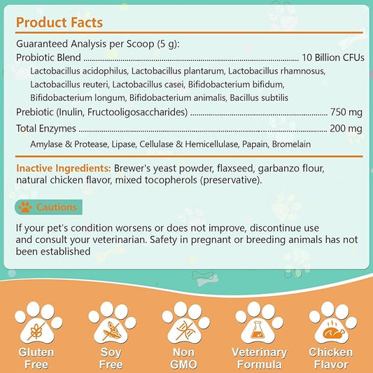 Probiotic Powder for Dogs & Cats, 10 Billion CFU Dog Probiotic Powder, with Digestive Enzymes & PrebioticsP, for Digestive Health, Immune Support, Diarrhea, Gas & Loose Stool
