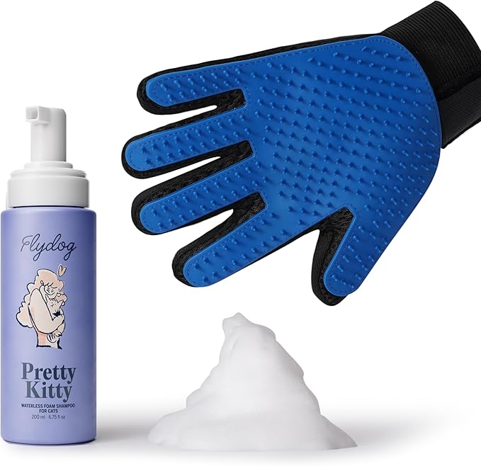 Pretty Kitty Waterless Cat Dry Shampoo with Grooming Glove (Left-Handed)– No Rinse, Lick-Safe, Moisturizing for Dry Skin, Dandruff, Deshedding, Wash Soap Spray Foam for Kitten