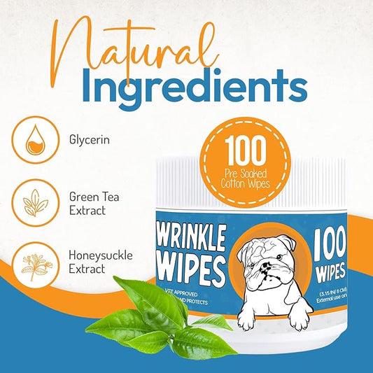 Wrinkle Wipes for Dogs - 200 Count with Honeysuckle & Green Tea –Soothing & Deodorizing Dog Face Wipes for Bulldogs, Pugs & Frenchies – Cleans Skin Folds, Tear Stains & Paws