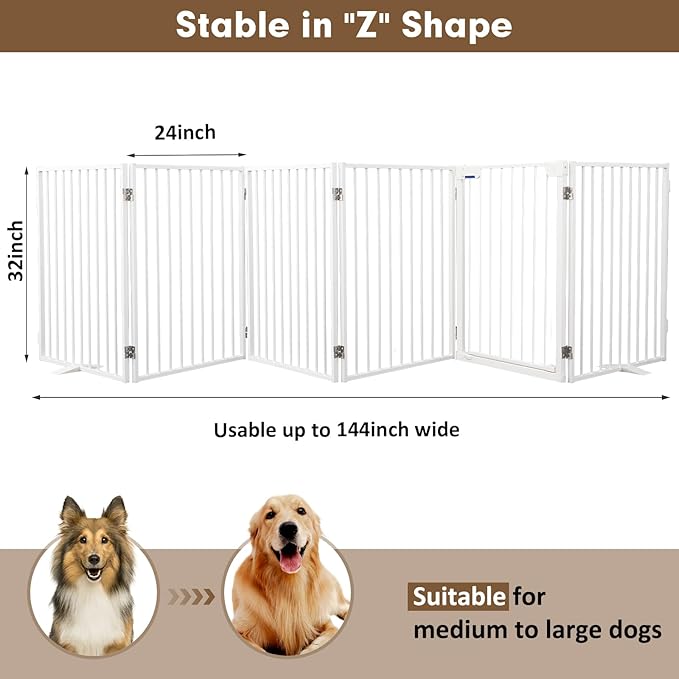 Metal Freestanding Dog Gates with Door,Extra Wide 24", 32" Height Foldable Dog Fence for Indoor & Outdoor, Heavy Duty Freestanding Pet Barrier for Stairs, Doorways, Halls, Kitchen,Yard,Christmas Tree