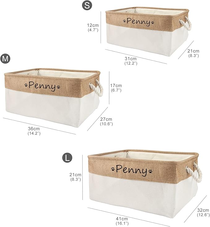 Dog Toy Box Storage Basket Bin with Personalized Custom Pet's Name Collapsible Rectangular Storage Bag For Organizing Dogs cat Clothes，Shoes，Pet Accessories (Beige, M)