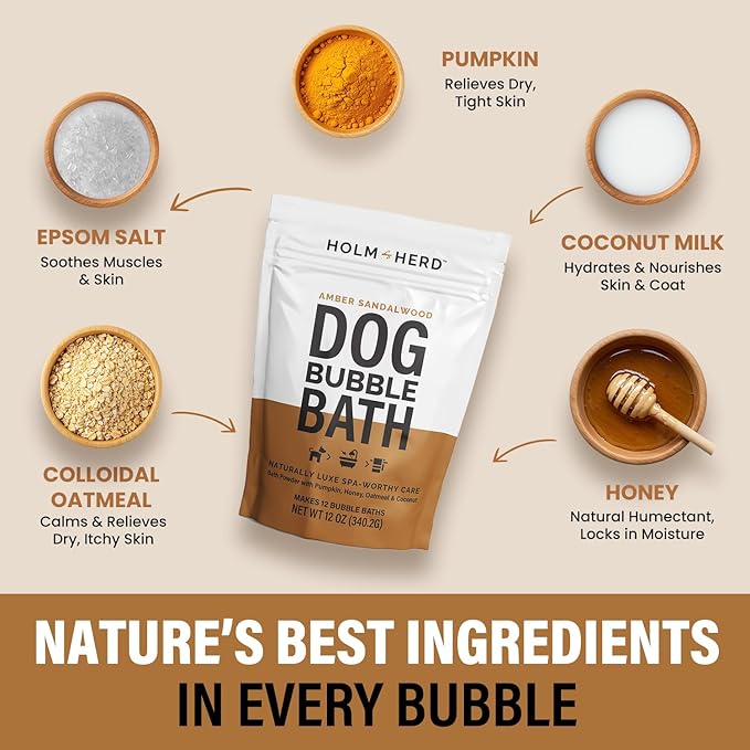 Dog Shampoo Alternative – Oatmeal & Honey Puppy Bubble Bath with Autumn Scent – Natural Gentle Dog Wash – Halloween Dog Gift - 12 Baths (Amber Sandalwood)