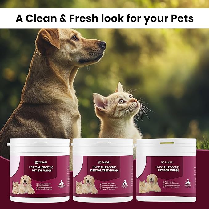 ZAHABI 3-in-1 Pet Wipes for Dogs & Cats, Hypoallergenic Eye, Ear & Teeth Cleaning Wipes, 100 Eye + 50 Ear & 50 Teeth Wipes, Tear Stain Remover, Ear Wax Cleaner, Breath Freshener, Pet Grooming Wipes