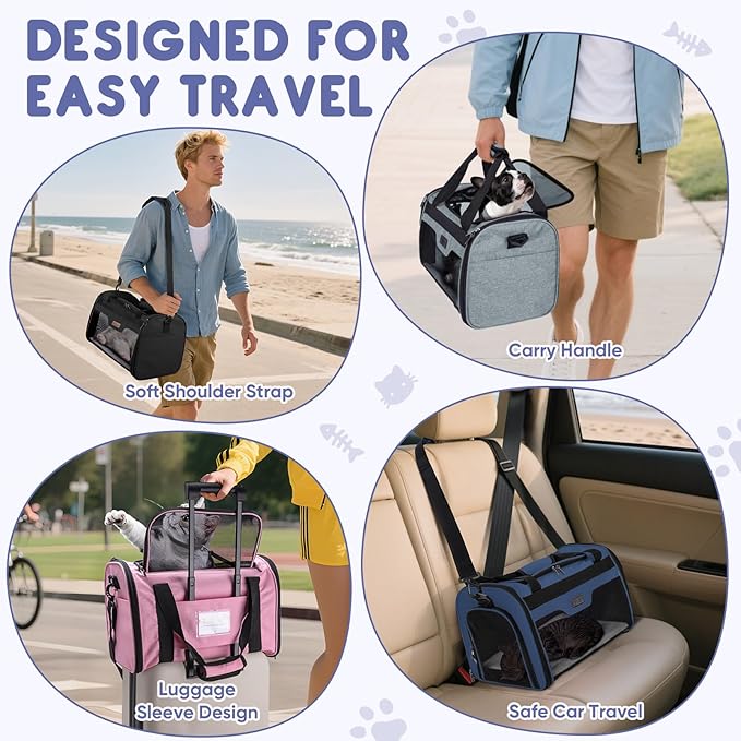 BALEINE Cat Carrier, Puppy Dog Carrier for Small Medium Pets Up to 15 Lbs, Soft-Sided Dog Travel Bag with Safety Zippers, Collapsible Pet Carrying Case (Pink, L, 17"x11"x11")