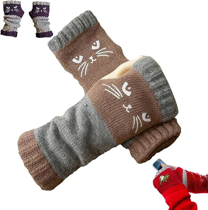 Fingerless Cat Gloves, Cute Cat Embroidery - Cat Embroidery Splicing Knitted Gloves, Warm Casual Women's Glove