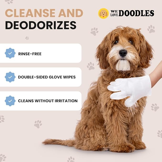We Love Doodles Dog Gloves Wipes & Dog Ear Cleaning Solution Kit Bundle - Pet Bathing Wipes for Dogs, Paws, Face, Body, Ears, Prevent Infections, Organic, Made in USA, Ear Drops for Dogs