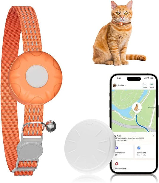 Smart Cat GPS Tracker, Cat Tracker Collar with Safety Elastic Buckle, Compatible with Apple Find My App (Only iOS), No Monthly Fee, Waterproof (White Tracker, Orange Cat Collar)