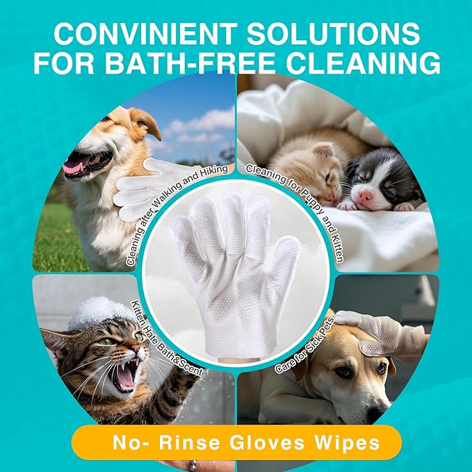 TroisAmis Thick Pet Glove Wipes for Dog & Cat Unscented, Cleaning & Deodorizing Grooming Gloves Wipes, No-Rinse Grooming Wipe for Daily Care and Travel, Ears Face Paws Butt Clean,Hypoallergenic&Gentle