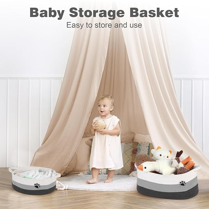 Dog Toy Basket, Toy Box and Bin for Dog Cat Storage, 13.5" X 11" X 5" Small Woven Rope Basket for Baby Storage, Closet, Living Room, White & Grey