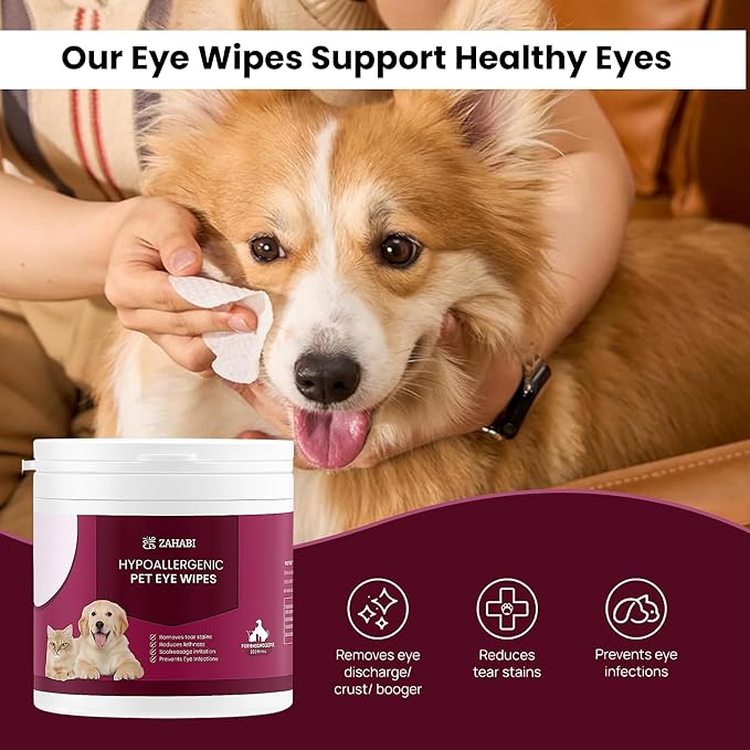 ZAHABI 3-in-1 Pet Wipes for Dogs & Cats, Hypoallergenic Eye, Ear & Teeth Cleaning Wipes, 100 Eye + 50 Ear & 50 Teeth Wipes, Tear Stain Remover, Ear Wax Cleaner, Breath Freshener, Pet Grooming Wipes