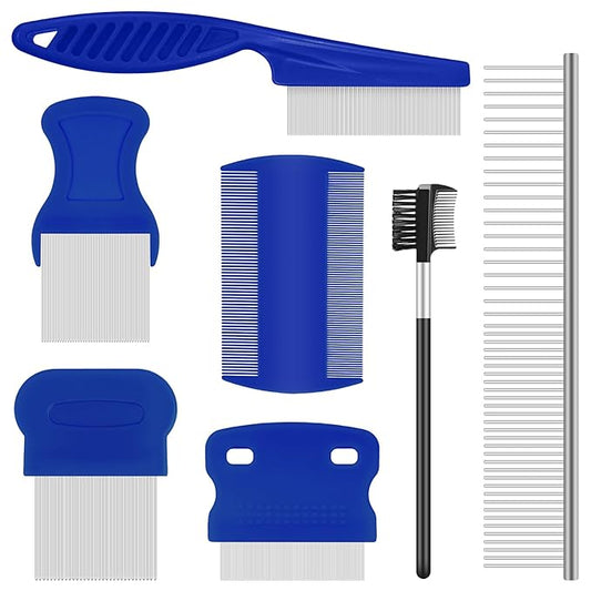 WRW 7 Pack Flea Lice Comb,Stainless Steel Dog Cat Grooming Combs with Fine & Wide Tooth, Double-Sided Tear Stain Remover,Tick Removal Tool, Dematting Tool for Small, Medium & Large Pets
