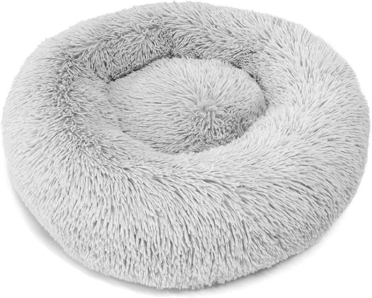 Dog & Cat Bed for Indoor Cats, 21.5 in Calming Donut Bed for Puppy and Kitten, Washable Round Fluffy Pet Bed for Small Medium Dogs and Cats Cotton Faux Fur, Anti-Slip Base (Light Grey)