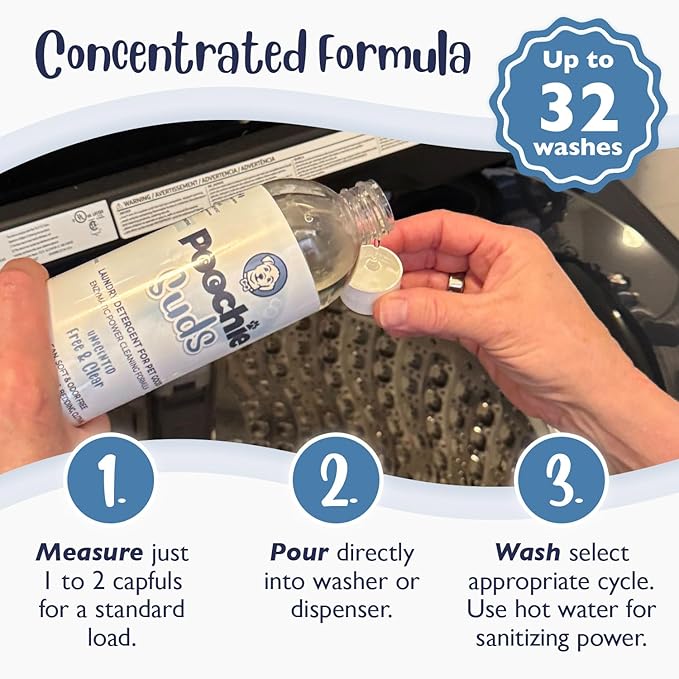 Poochie Suds Pet Laundry Detergent, Enzyme Cleaner and Odor Remover, Hypoallergenic and Fragrance-Free Pet Safe Detergent for Dog and Cat Bedding, Blankets, Toys and Gear, Made in USA, 16 fl oz