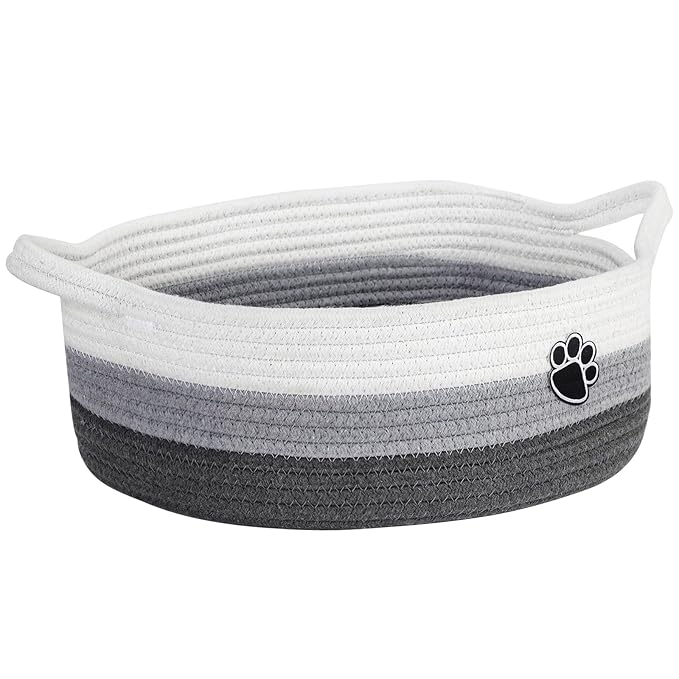 Dog Toy Basket, Toy Box and Bin for Dog Cat Storage, 13.5" X 11" X 5" Small Woven Rope Basket for Baby Storage, Closet, Living Room, White & Grey
