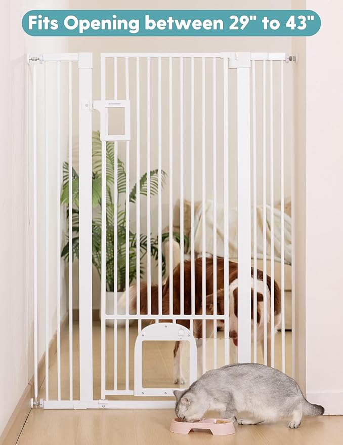 No Pawblems 55" Extra Tall Pet Gate with Adjustable Cat Door, 29-43" Auto Close Tall Dog Gate, NO Drilling Pressure Mounted for Doorways/Hallways, 1.37" Narrow Bar Spacing, White
