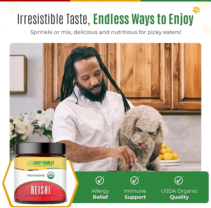 Ziggy Marley's USDA Organic Reishi Mushroom Powder for Dogs & Cats – Support Liver, Kidney & Heart – Fruiting Body Extract, 90 Grams