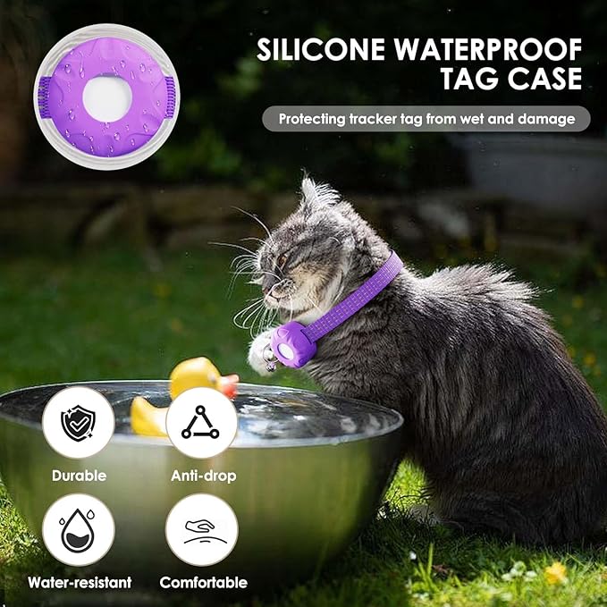 Smart Cat GPS Tracker, Cat Tracker Collar with Safety Elastic Buckle, Compatible with Apple Find My App (Only iOS), No Monthly Fee, Waterproof (White Tracker, Purple Cat Collar)
