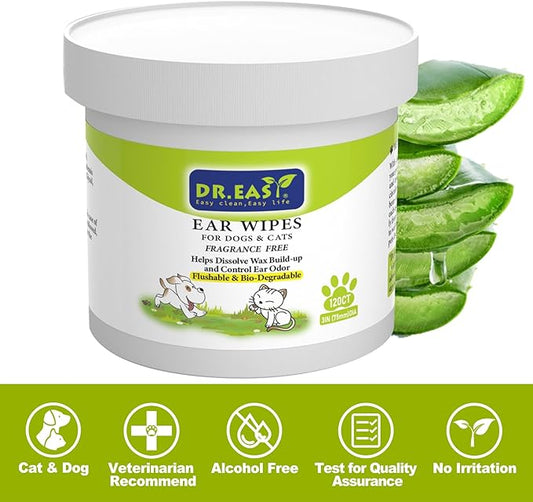 Dr.Easy Pet Ear Grooming Wipes 120ct for Dogs &Cats Fragrance Free,Helps Dissolve Wax Build-Up and Control Ear Odor,flushable & Compostable,Stop Ear Itching Natural Cleansing (120ct)