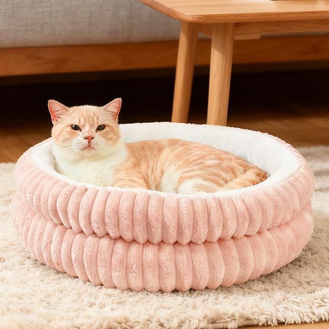 Cat Beds for Indoor Cats,Washable Round Donut Dog Bed,Fluffy Puppy Dogs Beds for Small Dogs with Anti-Slip Bottom (Pink, S)