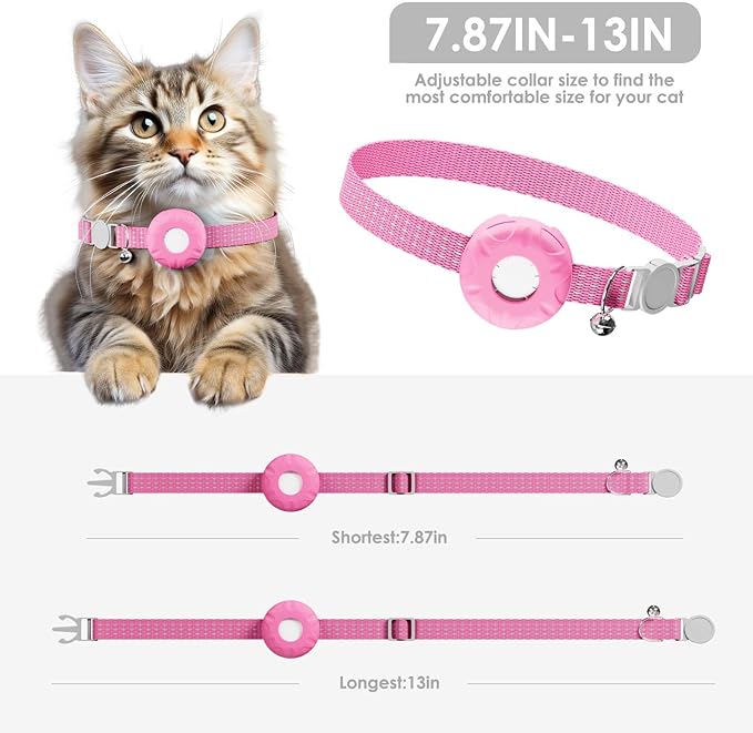 Cat GPS Tracker, Compatible with Apple Find My App (Only iOS), No Monthly Fee, Waterproof (White Tracker, Pink Cat Collar)