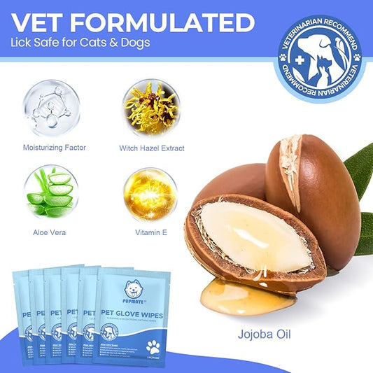 Pet Cleaning Glove Wipes for Dogs & Cats, Hypoallergenic Deodorizing Disposable No-Rinse Grooming Wipes, Extra Thick Bathing Wipes,Perfect for Pet Dry Cleaning,Daily Care and Travel,6 pcs