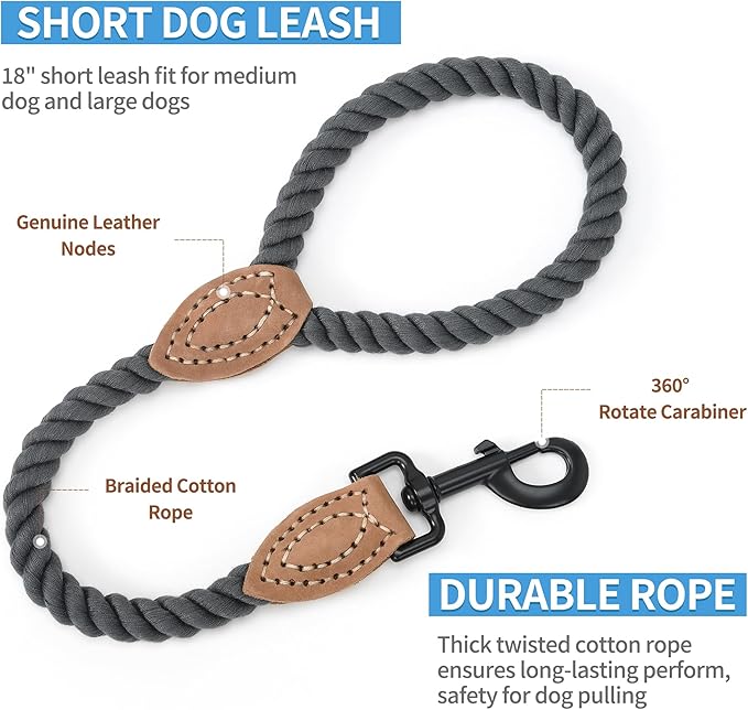 Mile High Life Short Dog Leash, Braided Cotton Rope Leashes with Leather Tip - Heavy Duty Metal Clasp, 18IN, 1/2" Thick - Wedding, Walking & Training Leash for Medium Large Dogs