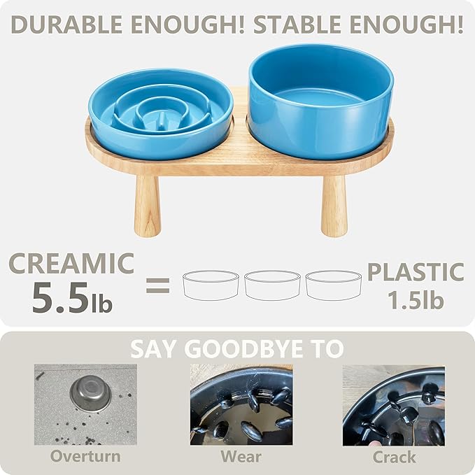 Ceramic Slow Feeder and Water Bowl Set for Small Dogs, 6.0inch Ceramic Dog Bowls Elevated with Wooden Stand, 0.6 Cups Dog Slow Feeder(14oz) and 30oz Water Bowl Set, Blue