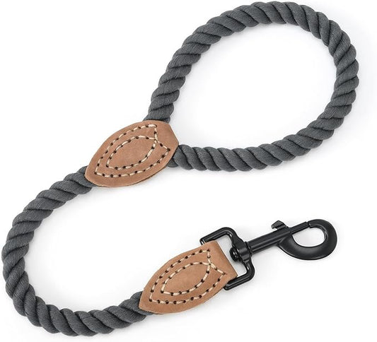 Mile High Life Short Dog Leash, Braided Cotton Rope Leashes with Leather Tip - Heavy Duty Metal Clasp, 18IN, 1/2" Thick - Wedding, Walking & Training Leash for Medium Large Dogs