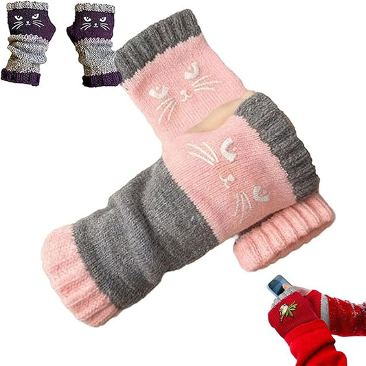 Fingerless Cat Gloves, Cute Cat Embroidery - Cat Embroidery Splicing Knitted Gloves, Warm Casual Women's Glove
