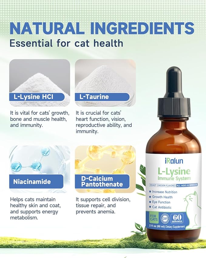 Lysine for Cat - L-Lysine for Cats and Kittens, Immune Support, Respiratory, and Eye Health - Allergy Relief, Sneezing, Runny Nose - Roast Chicken Flavor Drops