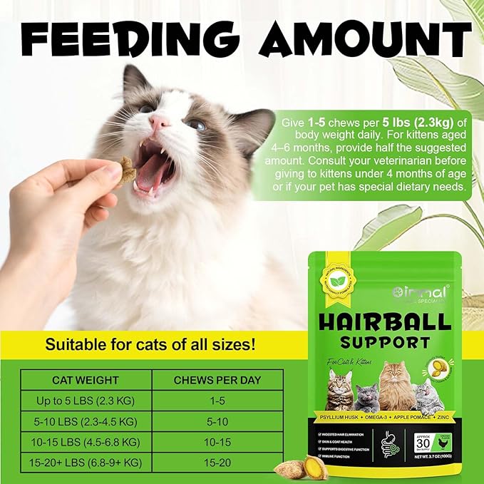 Hairball Treatment for Cats, Cat Treats Hairball Remedy Crunchy & Creamy Chews Supports Skin & Coat, Vitamins for Digestion, Chicken (30-Day Supply)