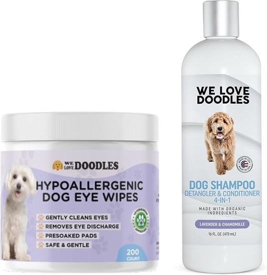 We Love Doodles Dog Eye Wipes & Dog Shampoo Bundle - Pre-Soaked Eye Wipes for Dogs, Tear Stain Remover for Dogs, Pet Eye Wipes, Dog Eye Cleaner, and Shampoo for Matted Pet Hair (Lavender)