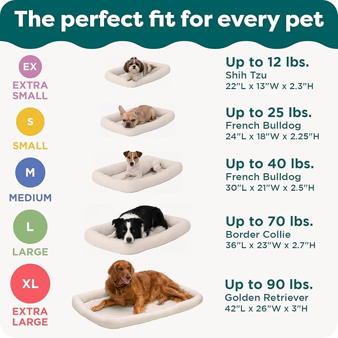 FurHaven Dog Bed for Extra Small Dogs & Cats, Bolster Crate Pad with Soft Supportive Base for Carriers & Kennels, Machine Washable, Extra Small, Sherpa Fleece, Cream