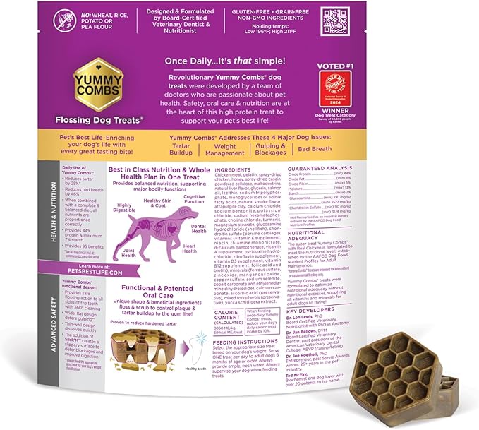 Yummy Combs Dog Dental Treats – Vet VOHC Approved – Delicious Chicken Protein – Removes Tartar with Cleaning Comb Shape – Dental Dog Treats for Medium Dogs (36oz, 45 Count)
