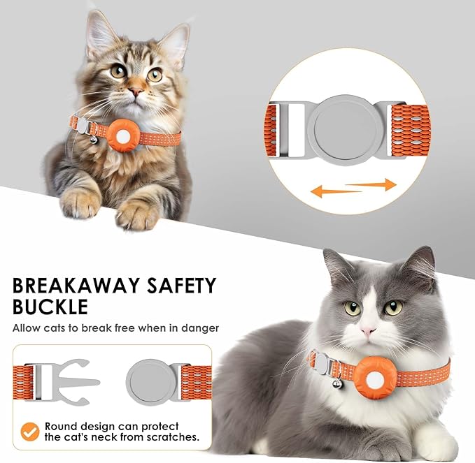 Smart Cat GPS Tracker, Cat Tracker Collar with Safety Elastic Buckle, Compatible with Apple Find My App (Only iOS), No Monthly Fee, Waterproof (White Tracker, Orange Cat Collar)