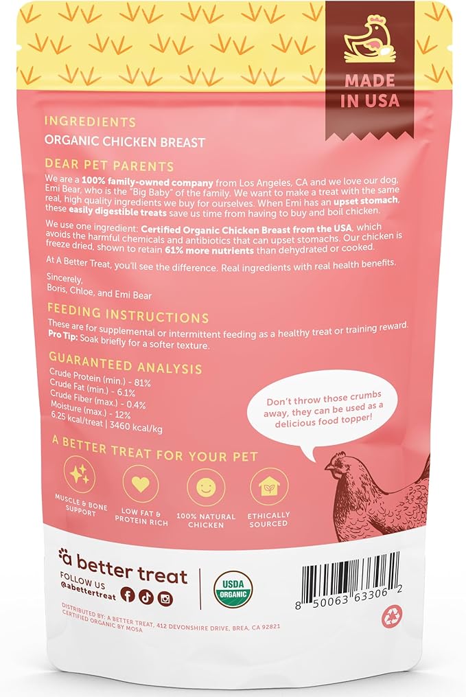 A Better Treat – Organic Freeze Dried Chicken Breast Dog Treats, Organic, Single Ingredient | Natural Healthy High Value | Gluten Free, Grain Free, High Protein, Diabetic Friendly | Made in The USA
