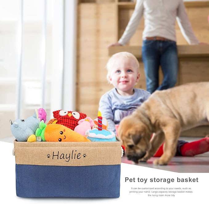 Dog Toy Box Storage Basket Bin with Personalized Custom Pet's Name Collapsible Rectangular Storage Bag For Organizing Dogs cat Clothes，Shoes，Pet Accessories (Dark blue, M)