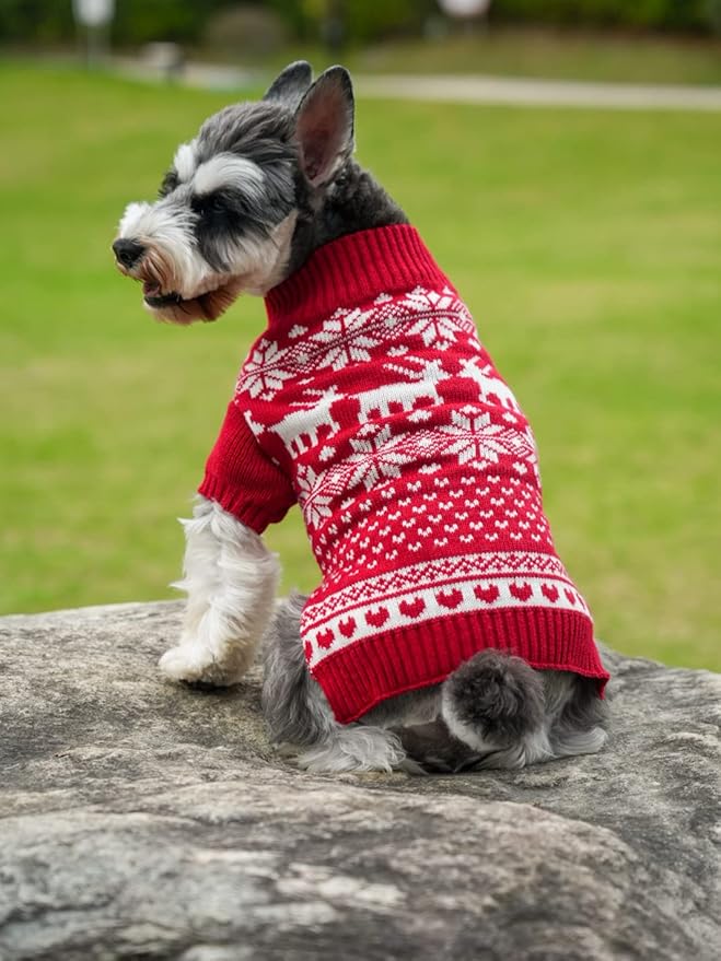 Lanyarco Red Christmas Dog Sweater Holiday Festive Reindeer Clothes Outfit Sweaters for Small Dogs, Small (S) Size 12"