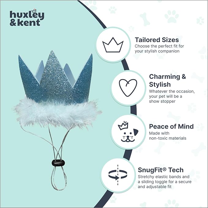 Huxley & Kent Pet Party Crown Hat for Dogs & Cats - Comfortable SnugFit Adjustable Straps - Glitter Crown for Parties, Gotcha Days & Celebrations - Blue, Large