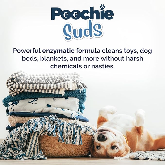 Poochie Suds Pet Laundry Detergent, Enzyme Cleaner and Odor Remover, Hypoallergenic and Fragrance-Free Pet Safe Detergent for Dog and Cat Bedding, Blankets, Toys and Gear, Made in USA, 16 fl oz