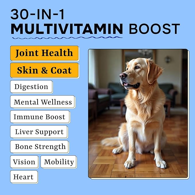 Dog Vitamins + Glucosamine - Chewable Multivitamins + Probiotics, Omega - Hip & Joint Support, Skin & Coat, Gut Health - Adult & Senior - Large & Small Breed - 120 Chews